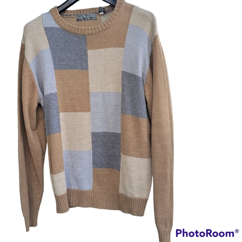 Oscar de la Renta Mens Crew Neck Sweater Browns Grays Colorblock XL.